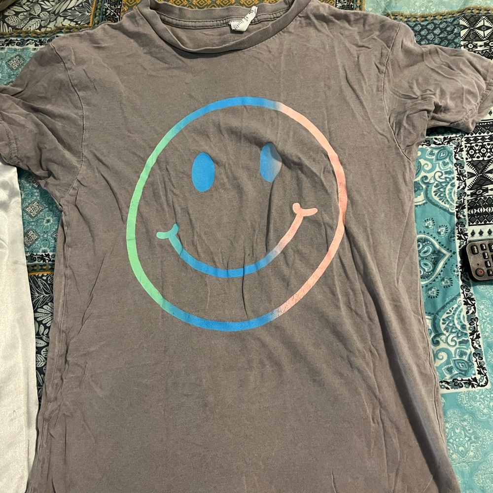 Gray T-Shirt with Colorful Smiley Face
